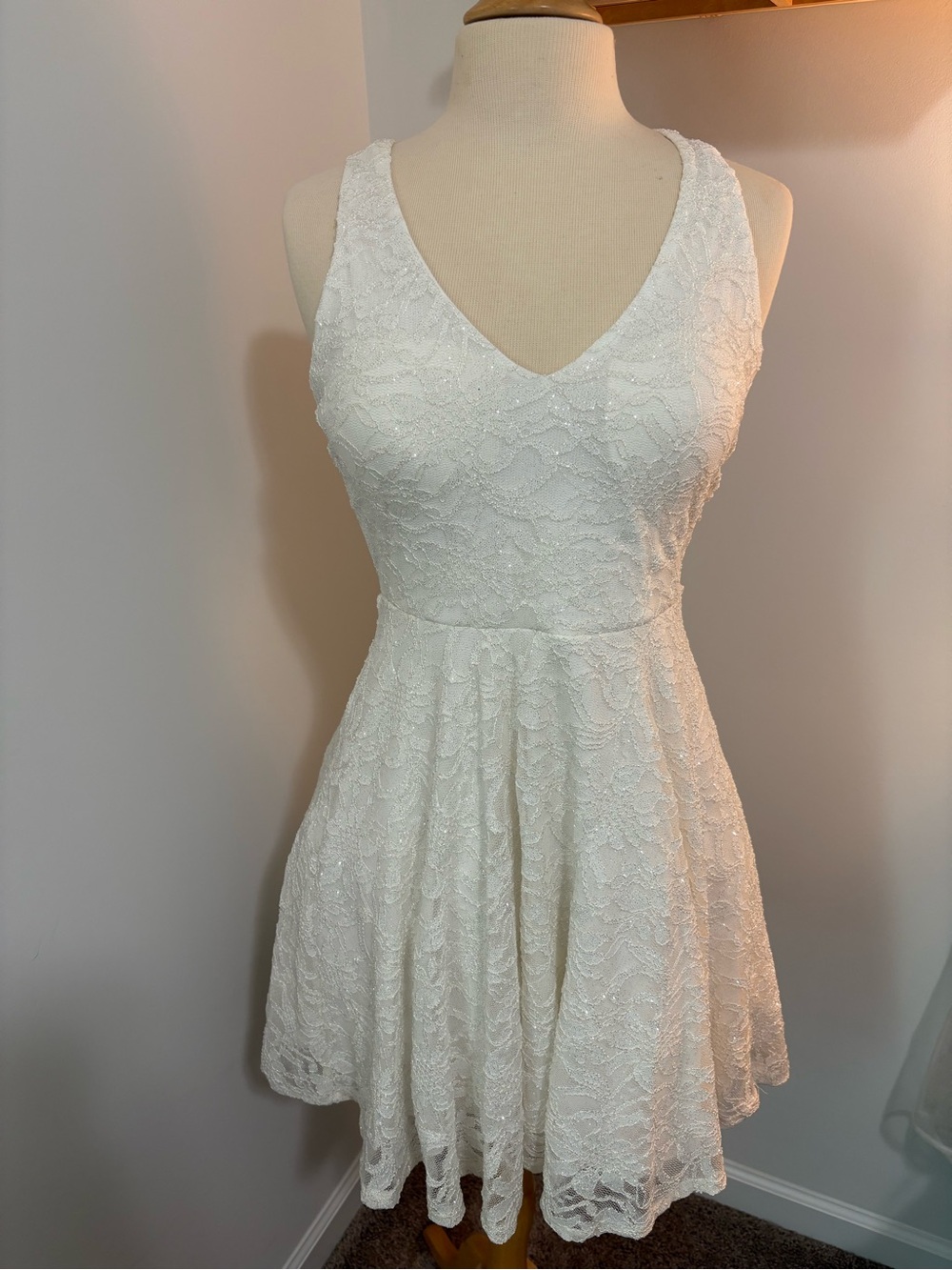 White Lace, Sparkly, V-Neck Mini Dress